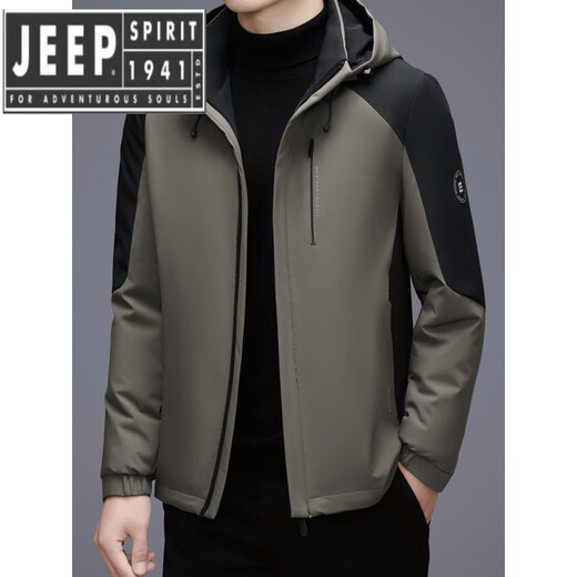 JEEP SPIRIT Lightweight Hooded Down Jacket Men's 2025 Winter Cold Warm Business Casual Color Block Winter Jacket Khaki 2XL 185