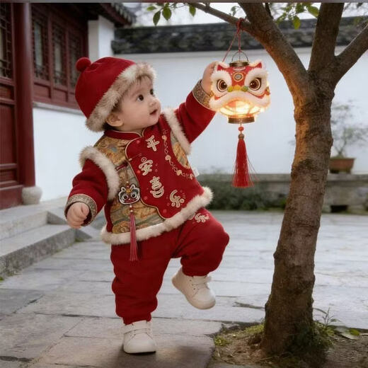 Hongyile baby clothes, winter clothes, one-year-old dress, baby winter jumpsuit, Chinese style New Year's greeting suit, full moon and 100th day New Year's wear, safe and happy thickened jumpsuit + vest (without hood) 100cm 15-18 months 25-28Jin Jin equals 0.5 kg