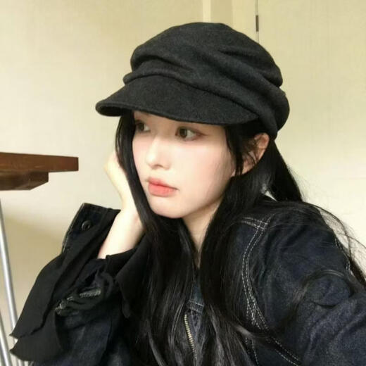 No top, no bottom, Japanese Yamamoto style black pleated beret for women, autumn and winter face-showing small newsboy hat, large head circumference, versatile painter hat, gray, one size fits all, adjustable