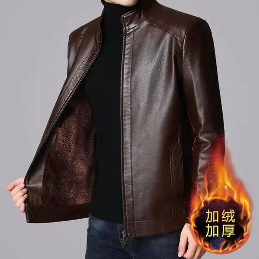 Dingyuan Xiaohuo Men's Winter Leather Jacket Casual Versatile Stand Collar Middle-aged Dad Motorcycle Jacket Jacket Plus Velvet Stand Collar Black - (Stand Collar Leather Jacket) Plus Velvet M 170_95-115Jin Jin is equal to 0.5 kg