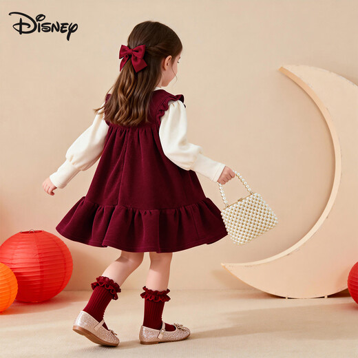 Disney (Disney) New Year Red Princess Dress Set 26 Winter Girls New Year's Clothes Plus Velvet Bottoming Shirt + Dress Two-piece Set 110
