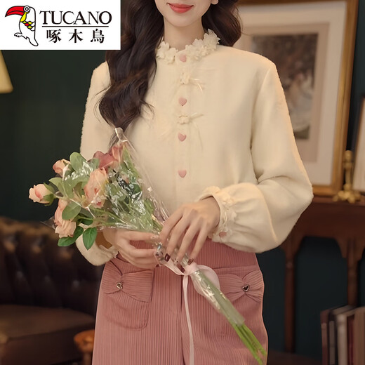 Woodpecker Fashionable and Sweet Korean Single-breasted Shirt Women's 2025 Winter New Niche Western Fashion Versatile Commuting Top Beige M (Recommended Jin Jin equal to 0.5 kg or less)