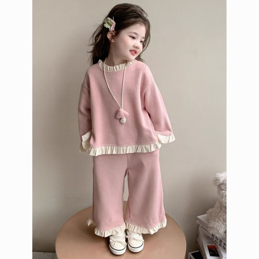 Wooden house girls spring and autumn fashionable sweatshirt set 2026 new baby autumn Korean style fashionable wide-leg pants two-piece set pink 140