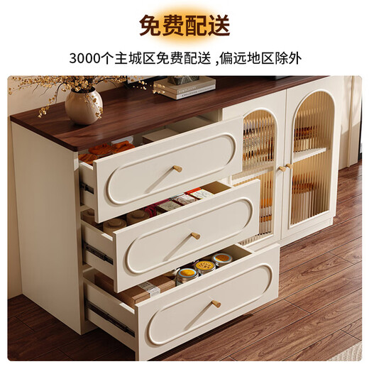 Qingqiu Qianmo solid wood sideboard against the wall integrated storage cabinet 2025 new tea cabinet small apartment living room storage storage cabinet glass model 80CM single door with three drawers walnut color desktop