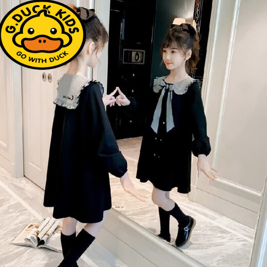 G.duck Girls Dress Autumn 2024 New Children's Clothes Fashionable Princess Fashionable Autumn and Winter Skirt for Big Children Girls Black Spring Style 120 cm