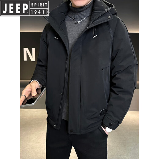 JEEP Мужской пуховик с капюшоном Jeep, зима 2026, новая морозостойкая одежда, утолщенная теплая ветрозащитная куртка, мужская короткая свободная черная XL 135-155Jin Jin равна 0,5 кг