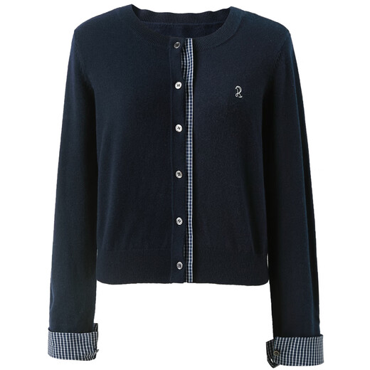 Sancai 2026 spring new plaid splicing sweater round neck embroidered wool cardigan short casual M