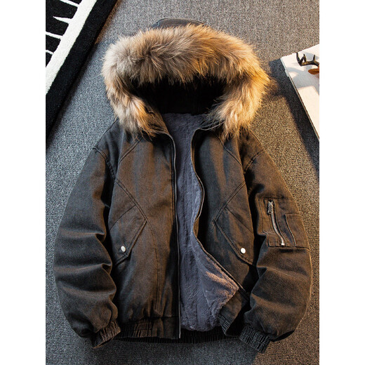 花花公子重磅帆布水洗牛仔夹克男款冬季羽绒服加绒加厚座山雕外套 黑色 可拆卸毛领 S (90-110斤)