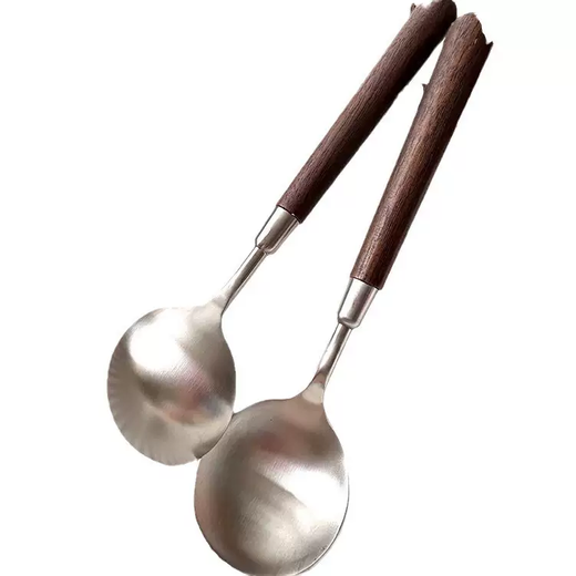 Yusenyi trendy anti-walnut grain wooden handle spoon Western food spoon stainless steel round spoon soup spoon eating spoon soup spoon larger spoon walnut grain long handle thickened round spoon (pack of 6)