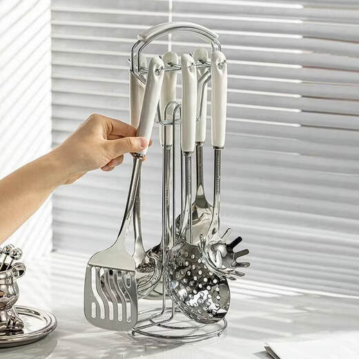 Modern housewife spatula household spoon food grade colander frying spoon cooking spatula 304 stainless steel kitchenware set 304 stainless steel white seven-piece set (spatula + soup spoon + colander + frying spatula 1