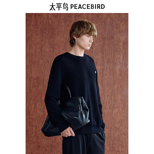 PEACEBIRD Men's Black Round Neck Sweater Winter Soft Knit Sweater B1EBE4242 Black 1 M