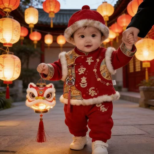 Hongyile baby clothes, winter clothes, one-year-old dress, baby winter jumpsuit, Chinese style New Year's greeting suit, full moon and 100th day New Year's wear, safe and happy thickened jumpsuit + vest (without hood) 100cm 15-18 months 25-28Jin Jin equals 0.5 kg