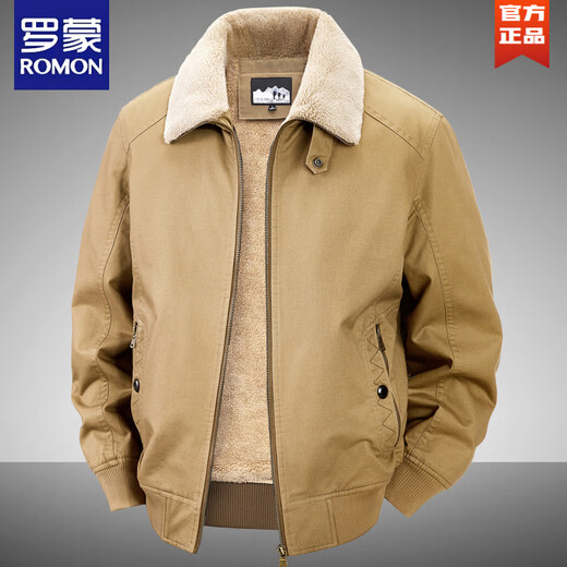 ROMON 2025 New Velvet Jacket Pure Cotton Men's Middle-aged Cotton Clothes Winter Casual Loose Fur Collar Jacket Men's Dad's Wear Khaki M (-120Jin Jin is equal to 0.5kg)