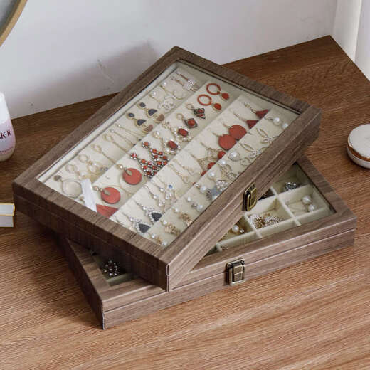 Yusenyi Retro Wood Grain Jewelry Storage Box Earrings and Earrings Jewelry Storage Organizing Box Ring Dustproof Lid Small Jewelry Box Black Leather Large Size Can Hold 100 Earrings and Earrings