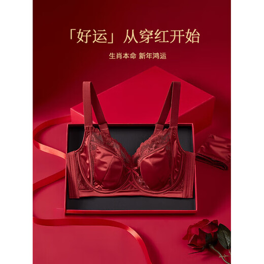 ESSONIO Zodiac Year Red Underwear Set Women's Thin Big Breasts Show Small Large Sizes Sexy Lace Bra Set 2026 Year of the Horse Burgundy-Set 75B 34 Big Breasts Show Small Anti-Bumps