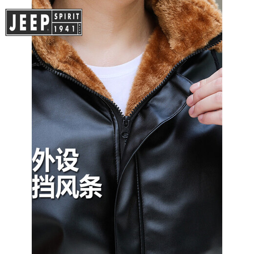 JEEP SPIRIT Jeep extended leather jacket and leather pants suit men's velvet thickened outdoor windproof, waterproof, warm and cold-resistant leather jacket for work, extended top, velvet, thickened XL Weight 100-120Jin Jin is equal to 0.5 kg