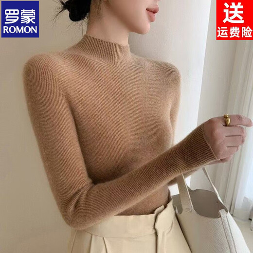 ROMON Winter Cardigan Women's Half Turtle Collar Slim Fit Inner Sweater One-line Seamless Pullover Long-Sleeved Knitted Bottoming Sweater Slim Black S 80-95Jin Jin is equal to 0.5 kg