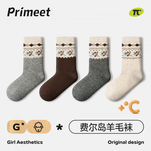 Pami Fair Isle Socks Women's Autumn and Winter 2025 New Thickened Warm Mid-Tube Socks Winter Sleeping Floor Socks Flower Socks - Pack of 4 Pairs One-size-fits-all Suitable for sizes 36-39
