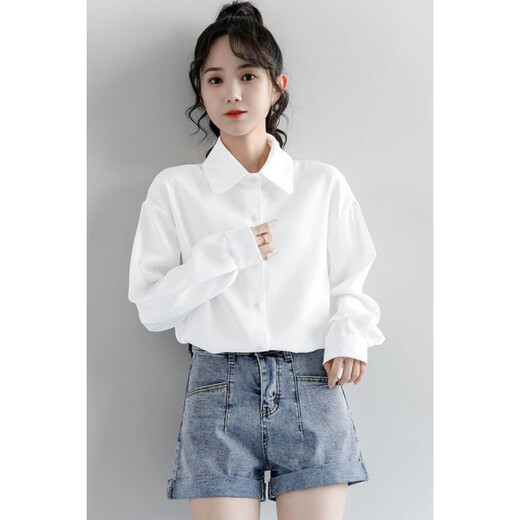 Ainolun white shirt for girls spring new college long-sleeved white shirt for women spring and autumn simple and versatile Korean style student casual white mall version exquisite fabric 160 S