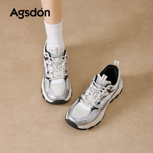 Augushiden thick-soled dad shoes for women 2026 spring new style simple versatile comfortable heightening slim mesh sports casual shoes W261156 silver black 36