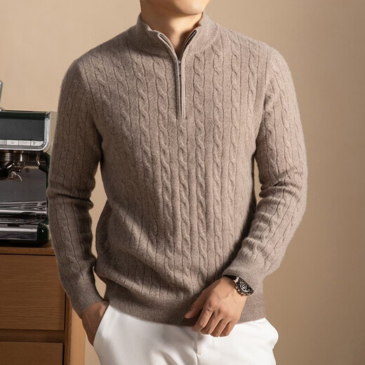 DVW100纯山羊绒男士半拉链立领冬季加厚时尚麻花打底毛衣 高端碳灰 XL 175 适合130-150斤	