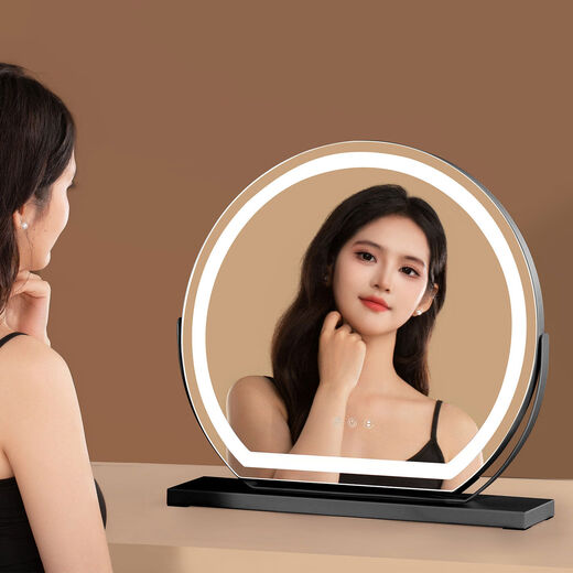 Desktop makeup mirror LED with light fill light charging makeup table rotating dormitory smart girl heart ins style black diameter 60CM plug-in model
