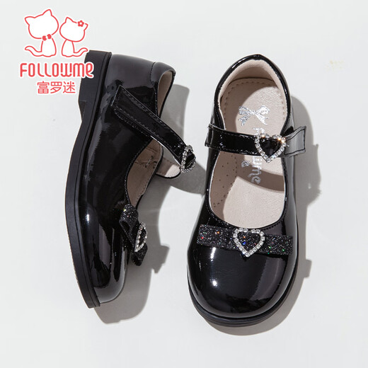 Fuluo Mi Girls Leather Shoes Spring and Autumn Sweet and Style Princess Shoes Little Girls Soft Sole Breathable Square Mouth Single Shoes Shadow Black 37