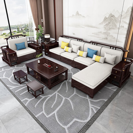 No. 1 Haoting solid wood sofa living room 2025 new style new Chinese furniture small apartment single double triple combination storage 9906# five + expensive + drawer coffee table + TV cabinet + single person storage style cotton and linen cushions