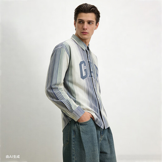 Gap Gap men's and women's 2026 spring new pure cotton logo embroidered striped loose lapel long-sleeved shirt 854176 blue and white stripes S (165/88A) Asian size