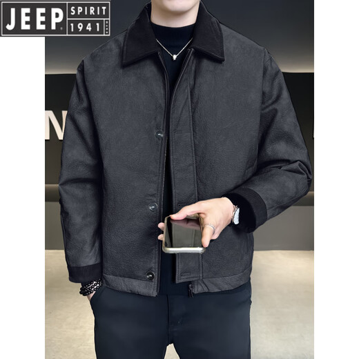 JEEP Jeep Кожаный пуховик Мужская зимняя куртка с лацканами 2026 Новая повседневная куртка на утином пуху Мужская зимняя одежда цвета хаки M