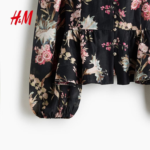 H&M2026 Spring New Women's Linen Blended Skirt Hem Top 1321285 Black/Floral XS 155/80