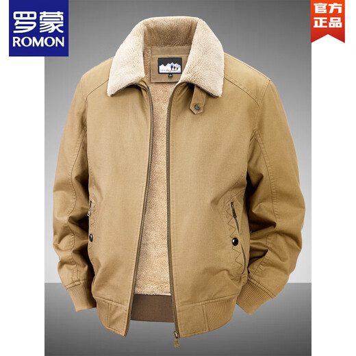 ROMON 2025 New Velvet Jacket Pure Cotton Men's Middle-aged Cotton Clothes Winter Casual Loose Fur Collar Jacket Men's Dad's Wear Khaki M (-120Jin Jin is equal to 0.5kg)
