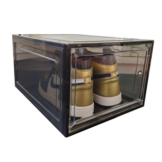 Shijanu Japanese-style transparent magnetic acrylic front-opening vertical goalball shoe storage shoe box home assembled breathable plastic aj box horizontal version smoke gray magnetic suction 12 pack_side display shoes