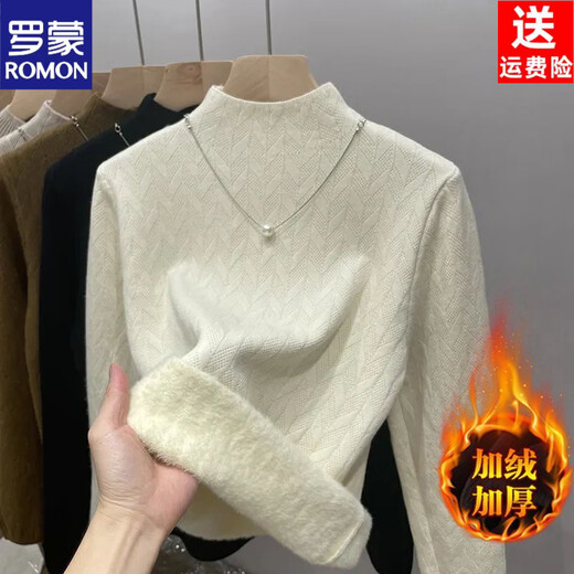 ROMON half turtleneck all-in-one velvet sweater for women in winter with velvet thickened base layer 2026 new high-end knitted top off-white S recommended 80-95Jin Jin equals 0.5 kg