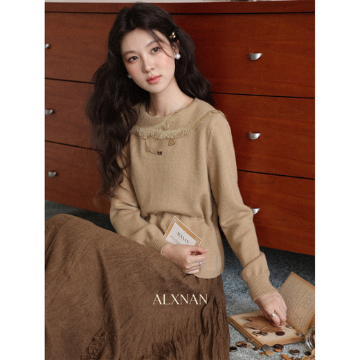 Lu Xiangnan design khaki irregular sweater women's autumn and winter waist knitted sweater top khaki sweater L