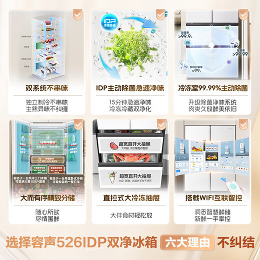 Rongsheng 526L French multi-door refrigerator dual purification dual system active sterilization large capacity household first-class energy efficiency air-cooled frost-free energy-saving BCD-526WD1MPA white national subsidy dual system dual cycle IDP active sterilization