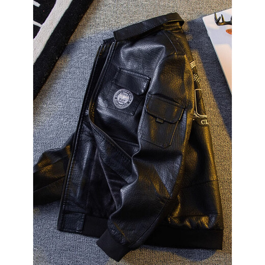 Playboy American Workwear Bomber Jacket Cotton Jacket Men's Winter Velvet Thickened Warm Motorcycle Leather Jacket Black M