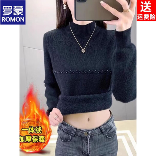 ROMON brand women's all-in-one velvet thickened bottoming sweater for women 26 autumn and winter new half turtleneck women's warm top black high quality quality assurance S recommended weight 90Jin Jin equals 0.5kg -105Jin Jin equals 0.5kg