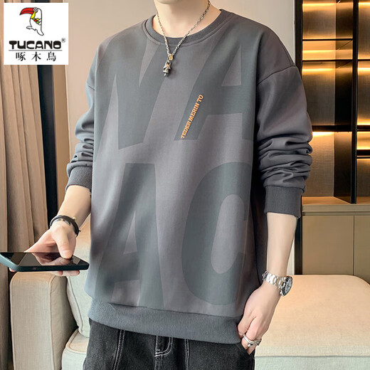 Woodpecker (TUCANO) large size sweatshirt for men in spring and autumn, extra large loose trendy brand round neck casual versatile plus fat bottoming top FJB607-6586 black 5XL recommended 190-210Jin Jin is equal to 0.5 kg