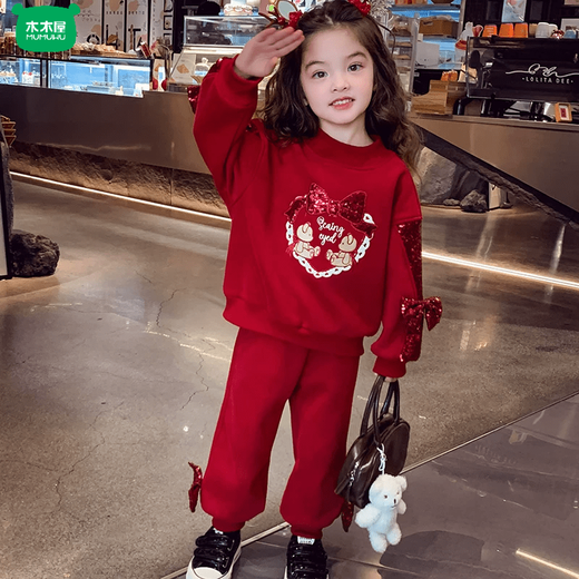 Mumuwu 2026 new style girls red festive New Year's greetings Chinese style cartoon sweatshirt plus velvet fashionable sportswear two-piece set red outfit plus velvet 140 recommended height around 130cm