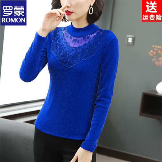 ROMON (ROMON) velvet bottoming shirt for women, spring, autumn and winter new style, half turtleneck mesh shirt, lace mother top, black, velvet style, L recommendation: 98-110Jin Jin is equal to 0.5 kg