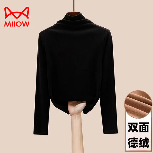 MiiOW high collar double-sided German velvet bottoming shirt for women, autumn and winter 2025 new thickened inner with brushed pile collar warm top, black turtleneck, thickened German velvet M