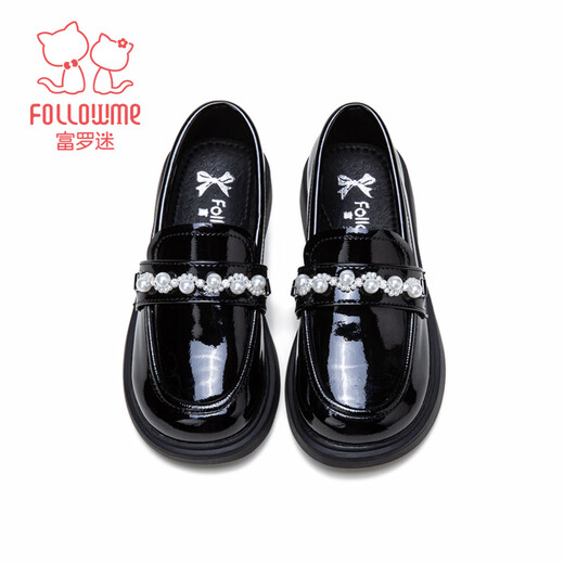 Fuluo Mi Girls Leather Shoes Spring Campus Style Versatile Loafers Little Girls Soft Sole Light Fashion Shoes Shadow Black 32