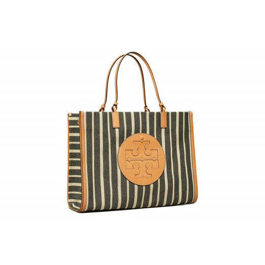 Tory Burch Ella Double T logo stripe lightweight commuting canvas with leather trim canvas bag tote bag basic package (bag + dust bag)