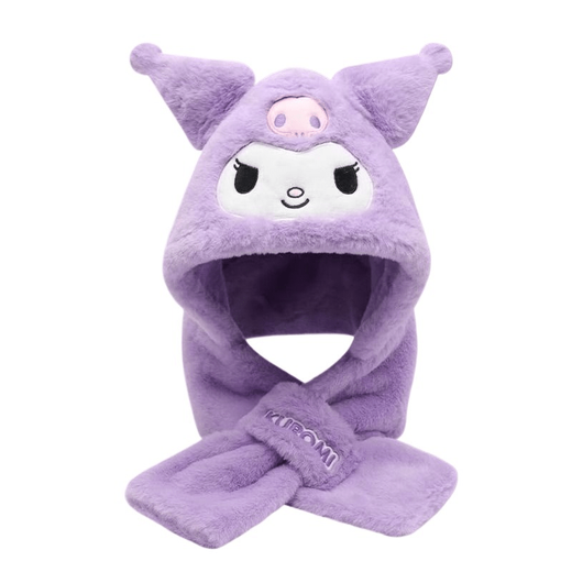 Disney Sanrio Kurome Children's Hat Girls Scarf Integrated Neck Protector Hat Autumn and Winter Warm and Cold Protection Girls Plush Hat 4-13 Years Old Cartoon Two-piece Set Kurome