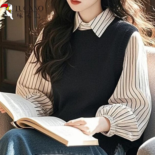 The popular style of Woodpecker (TUCANO) this year is good-looking, unique, beautiful, fashionable and old-looking white striped fake two-piece shirt 5198-black style. Collection, purchase and priority delivery. S Recommendation: 80-95Jin Jin is equal to 0.5kg