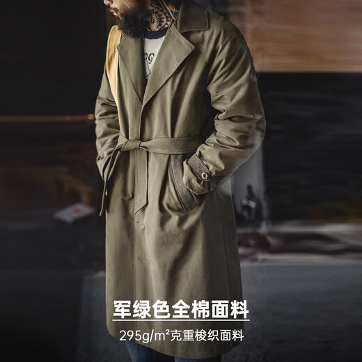 Madden workwear American retro 50s trench coat men's British style mid-length military coat lapel cotton jacket men's military green oversize/men's windbreaker 2026 new style/boys handsome style top M