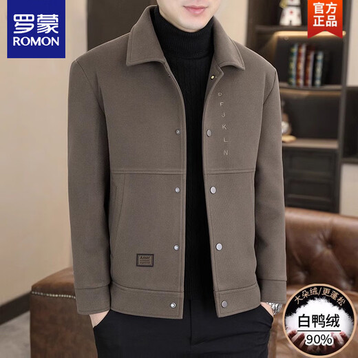 ROMON шерстяной пуховик мужской короткий утолщенный шерстяной плащ мужской осенне-зимний белый утиный пуховик с лацканами на подкладке H8303 кофейный цвет (пуховая подкладка) M (95-115Цзинь Цзинь равен 0,5 кг)