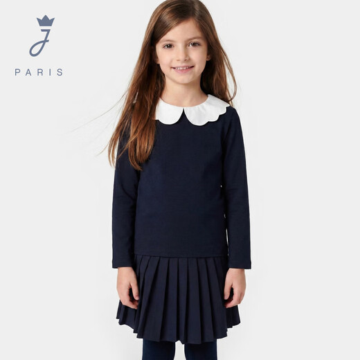 JACADI girls French long-sleeved T-shirt 2026 spring new lace collar cotton casual top trendy navy 123 105 /4A