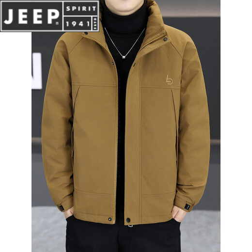 JEEP SPIRIT lightweight down jacket men's winter casual stand-up collar warm jacket embroidered cold weather jacket black M